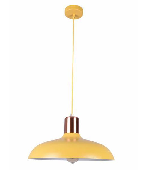 Pastel Matt Yellow Dome Shaped Pendant Light with Copper Details - Lighting Superstore